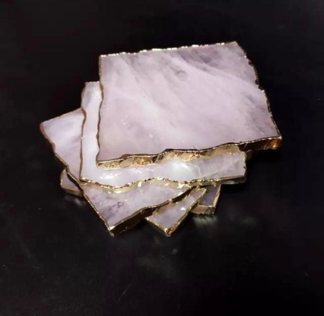 Rose Agate Gold-Edge Coasters — Natural Rose Agate · 24k Gold Leaf