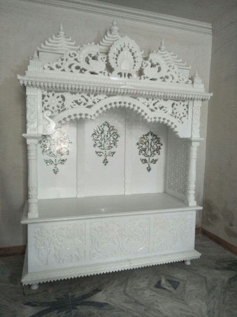 White Marble Pooja Mandir — White Makrana Marble · Crystal Mosaic