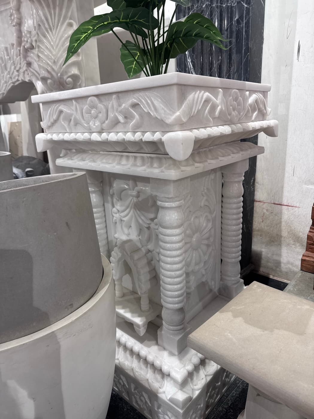 Carved Marble Tulsi Mandap — White Makrana Marble or Black Marble