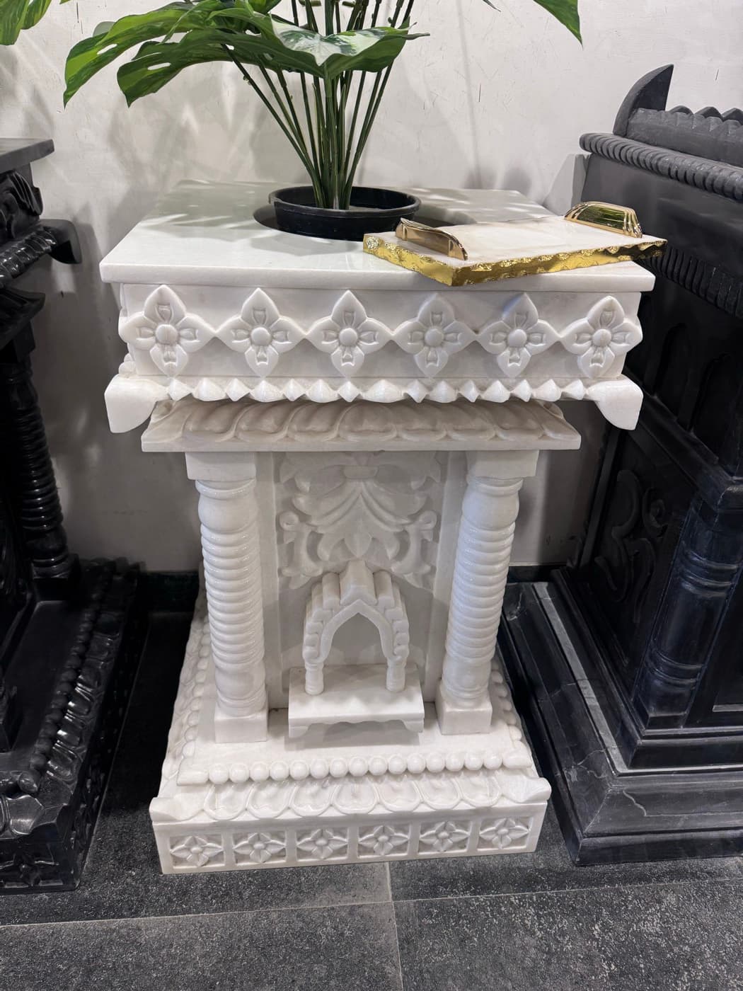 Carved Marble Tulsi Mandap view 2