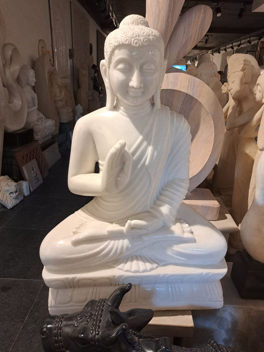 36-Inch Indian White Marble Buddha Statue | Handcrafted Spiritual Art