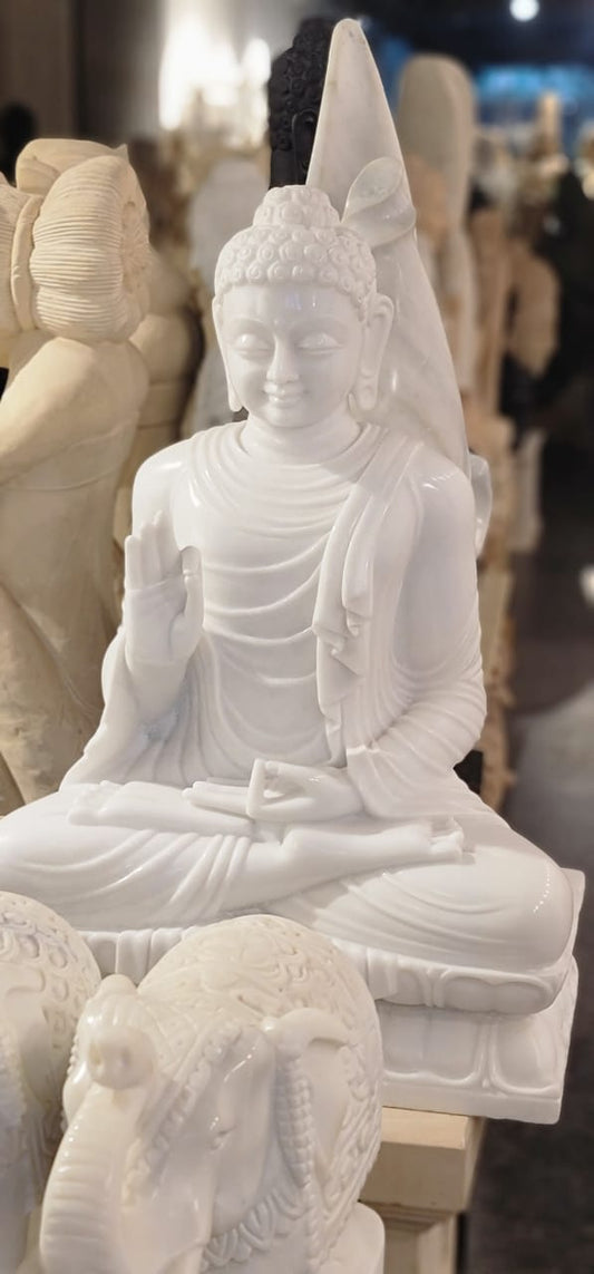 Handcrafted Pure White Marble Buddha Statue – 36 Inch